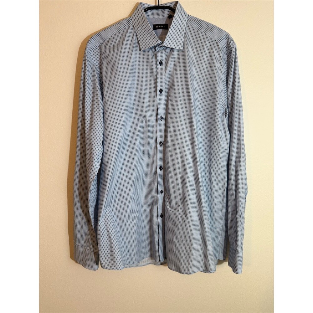 SAND Men's Dress Shirt Size 44 Blue Micro Dot Long Sleeve Button Front